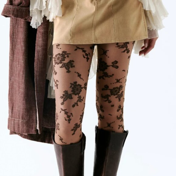 FREE PEOPLE Flocked Floral Tights Sheer Brown Size M/L - Picture 1 of 6